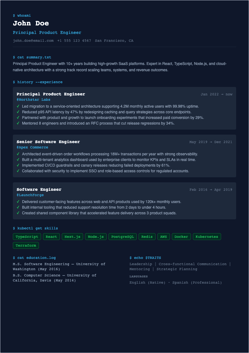 DevOps Infra resume template preview