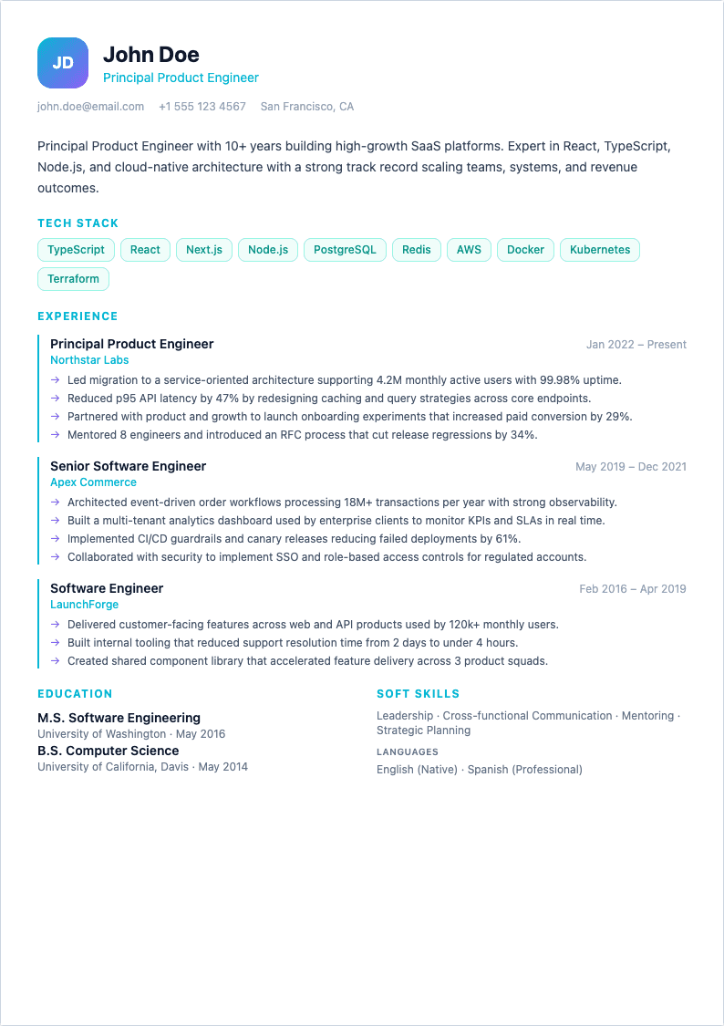 Front-End Craft resume template preview