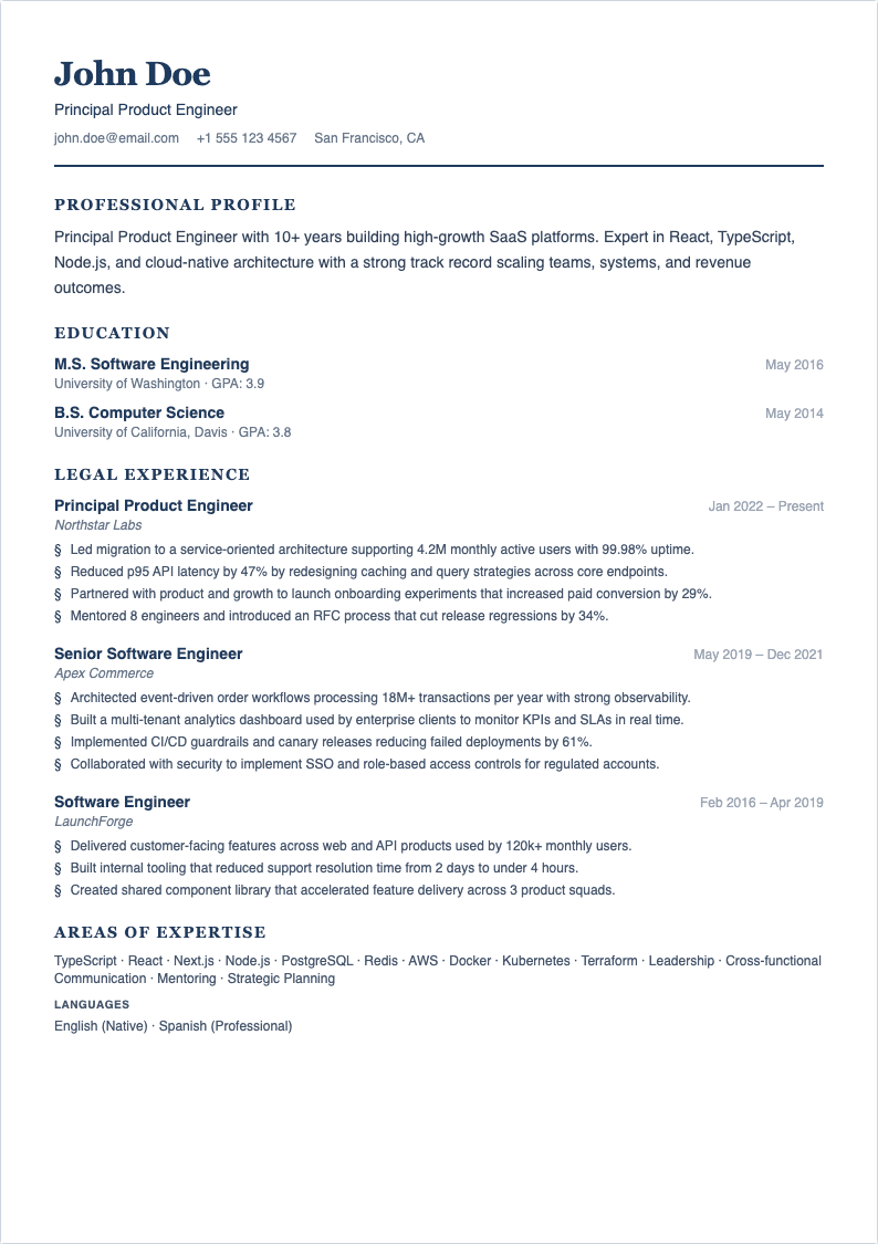 Legal Counsel resume template preview