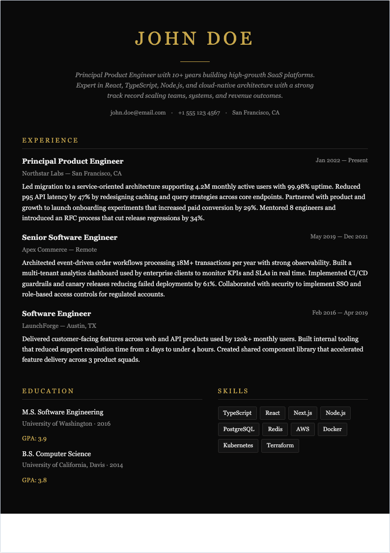 Noir Elegance resume template preview