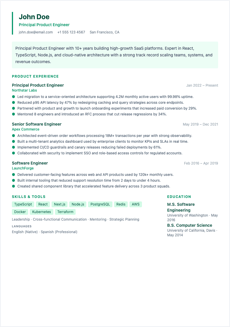 Product Manager resume template preview