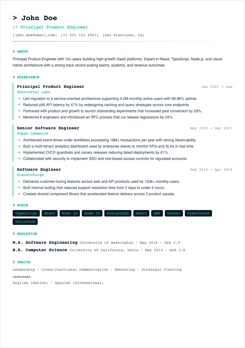 Startup Modern resume template preview