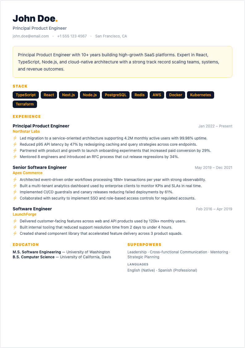 Startup Operator resume template preview